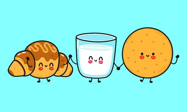 Vector funny cute happy cookies glass of milk and chocolate croissant characters bundle set