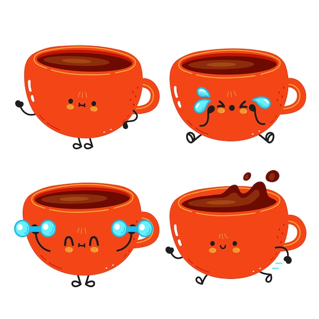 Set di pacchetti di personaggi dei cartoni animati di tazza di caffè divertente carino felice