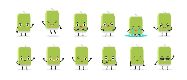 Funny cute happy green can of soda characters set