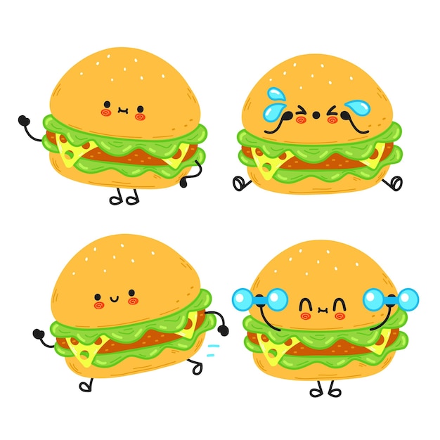 Vector funny cute happy hamburger cartoon characters bundle set