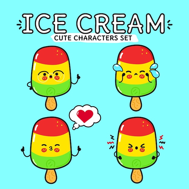 ベクトル 楽しい可愛い幸せなアイスクリームキャラクターのバンドルセット