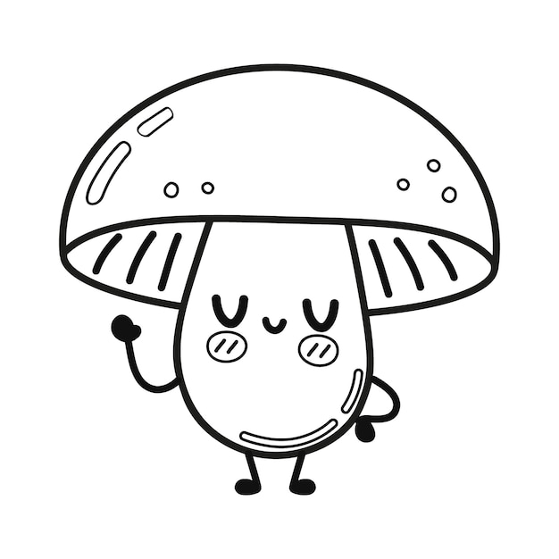 Funny cute happy mushroom characters illustration for coloring book