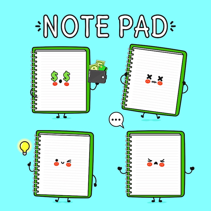 Vector funny cute happy note pad characters bundle set vector hand drawn doodle style cartoon character