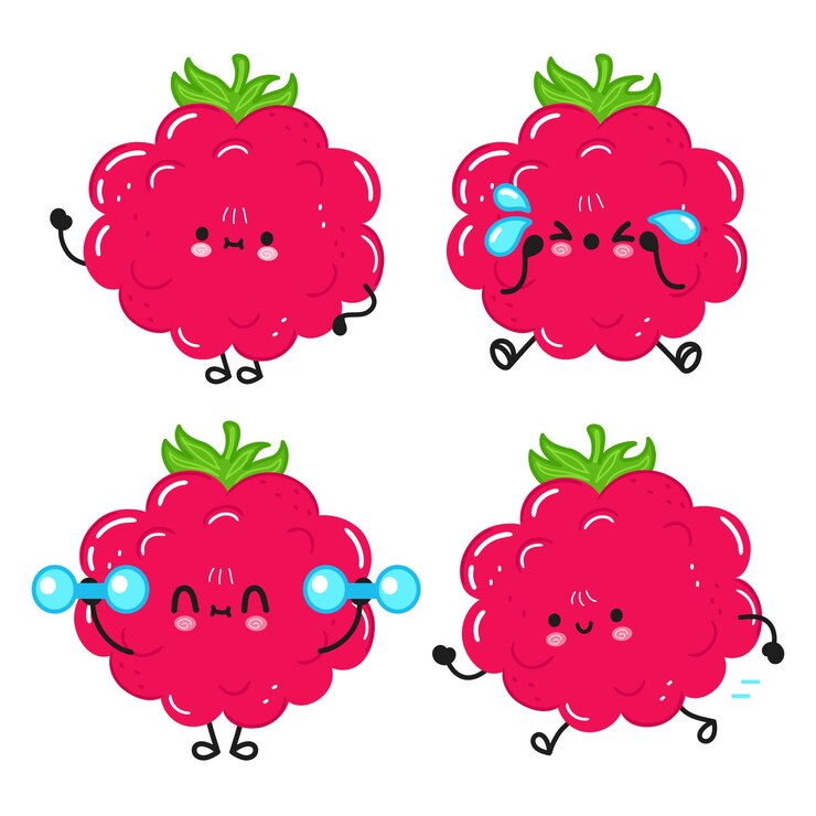 Vector funny cute happy raspberries cartoon characters bundle set
