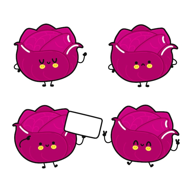 Funny cute happy red cabbage characters bundle set