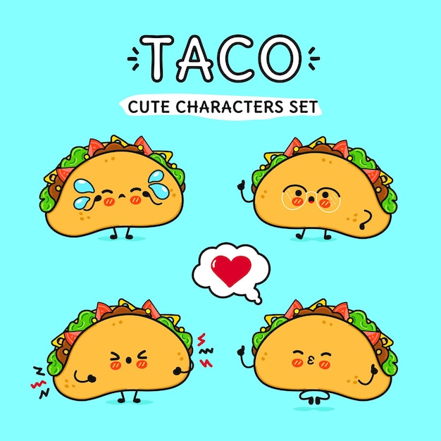 Vector funny cute happy taco characters bundle set vector hand drawn doodle style cartoon character