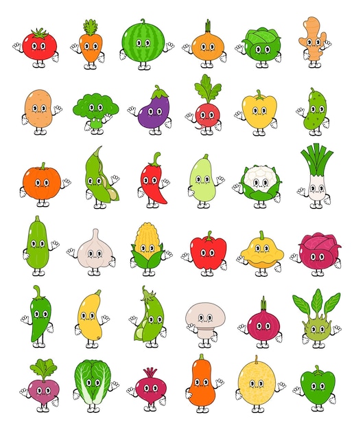 Funny cute happy vegetables characters bundle set