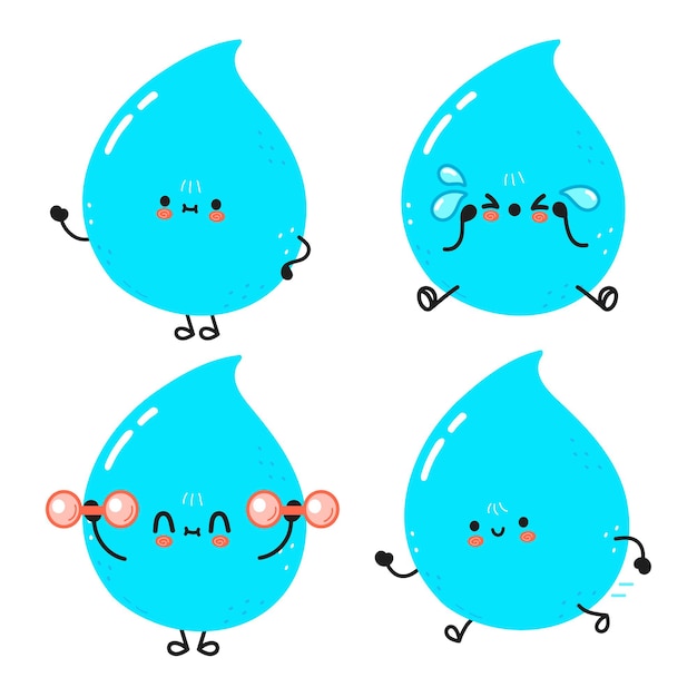 Vector funny cute happy water drop characters bundle set