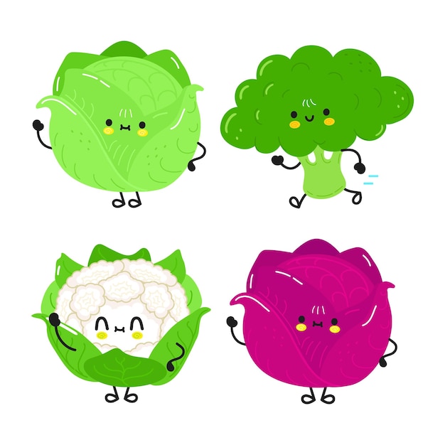 Vector funny cute happy white cabbage red cabbage broccoli cauliflower characters bundle set