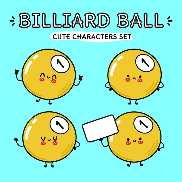 Funny cute happy yellow billiard ball cartoon characters bundle set