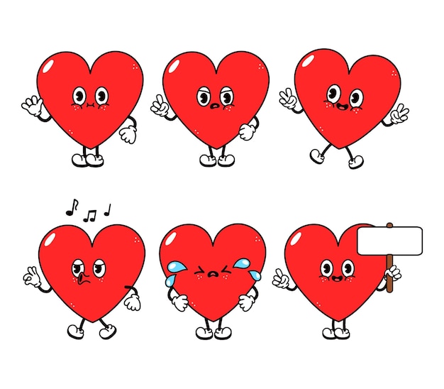 Vector funny cute heart characters bundle set