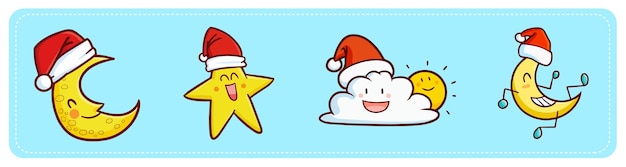 크리스마스에 산타 모자를 쓰고 재미 있고 귀여운 카와이 달, 별, 구름 및 태양