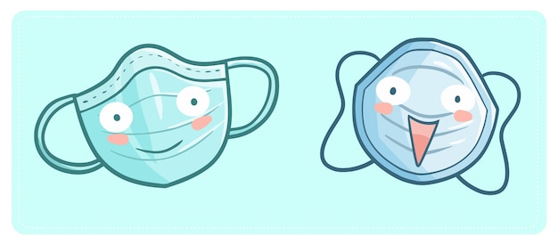 Funny and cute kawaii two medical face mask smiling happily