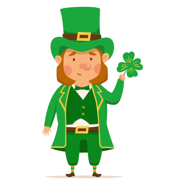 Funny and cute leprechaun with four leaf clover Vector illistration for St Patrick's day Man in a green suit and hat