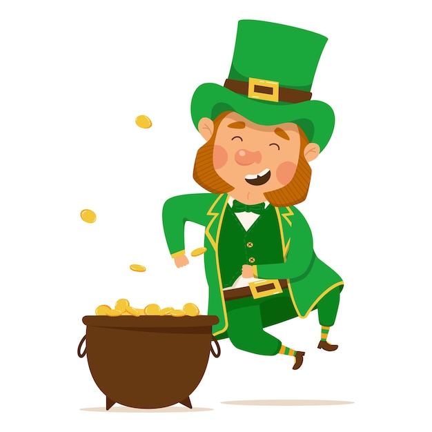 Funny and cute leprechaun with a pot of gold Vector illistration for St Patrick's day Happy man in a green suit and hat