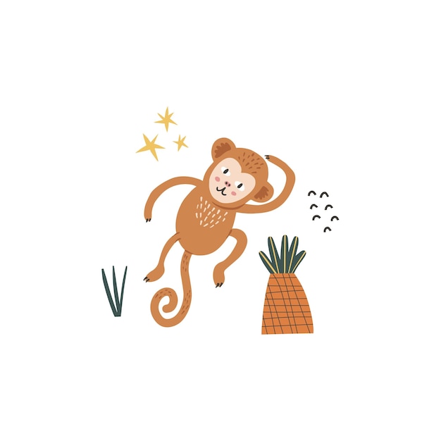 Funny cute little monkey jumping vector character in handdrawn style card poster composition design kids concept illustration