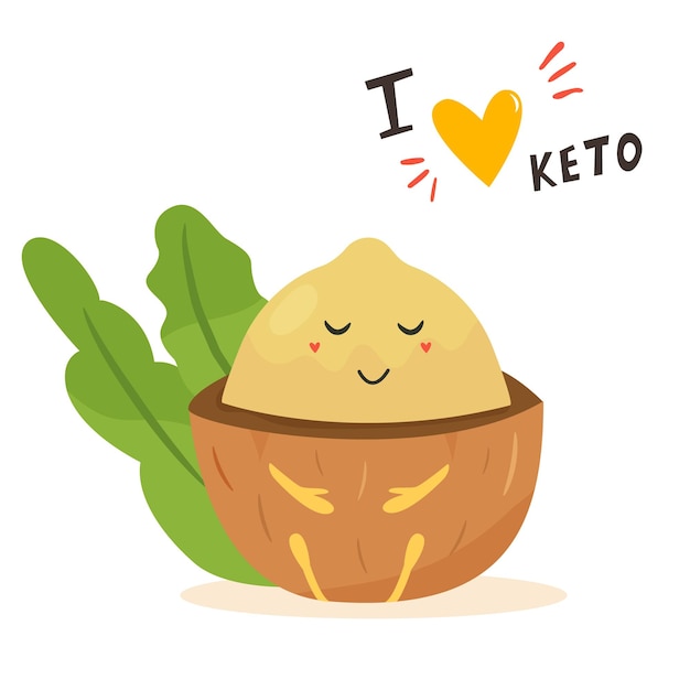 Funny cute macadamia character with lettering keto diet lover Ketosis concept
