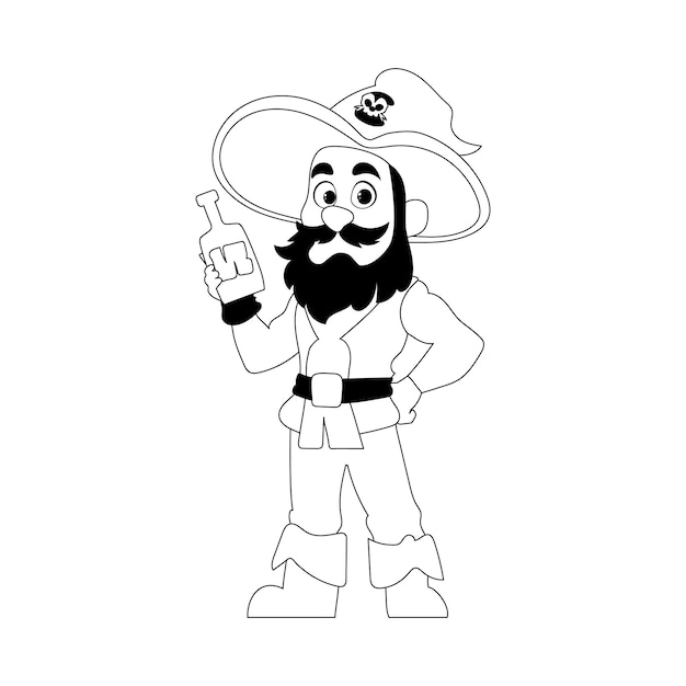 Funny and cute male pirate holding a bottle of rum Coloring style