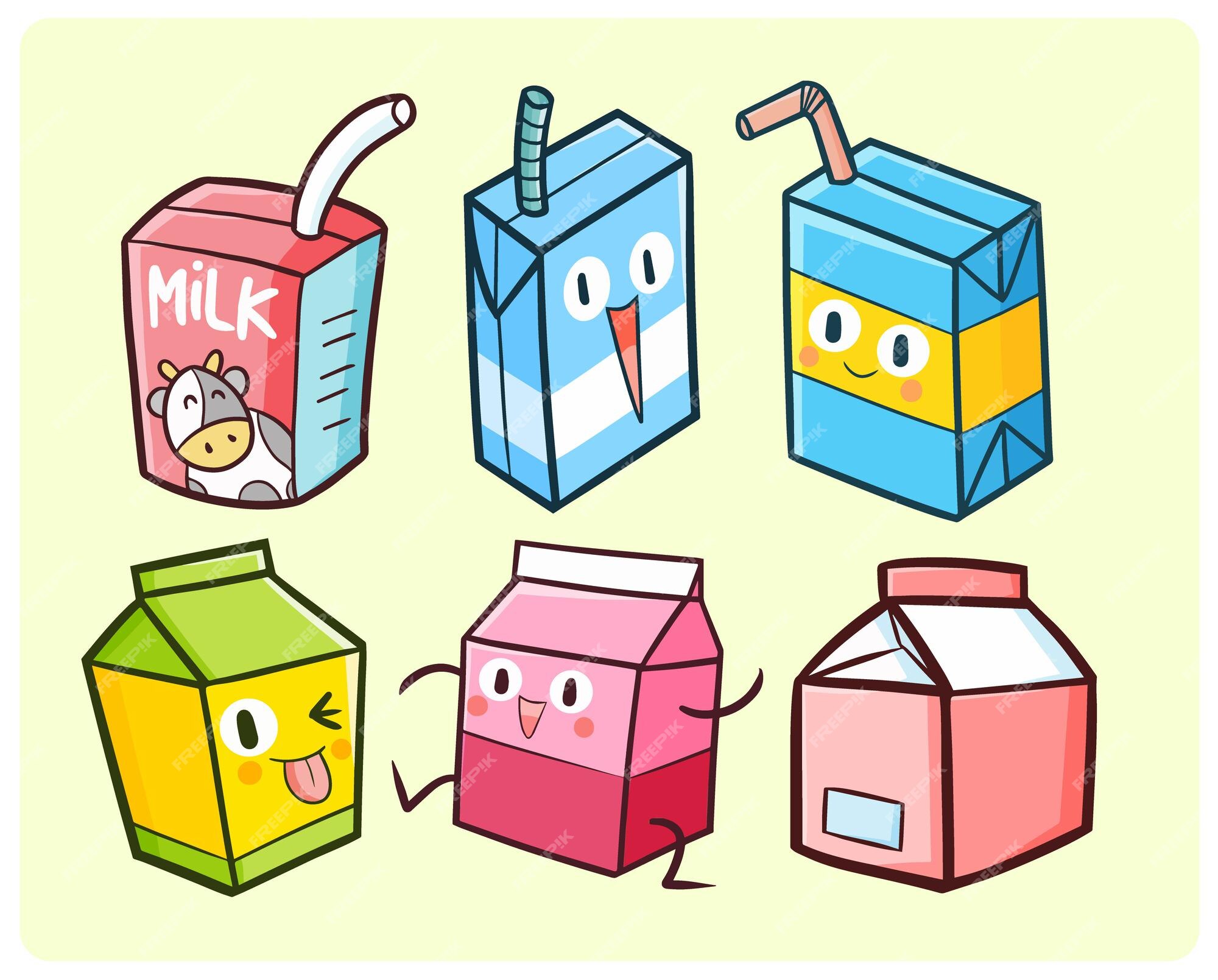 Premium Vector | Funny and cute milk box collection in kawaii doodle style
