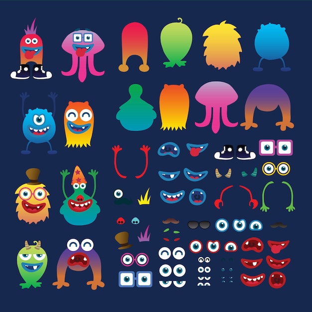 Vector funny cute monster character set