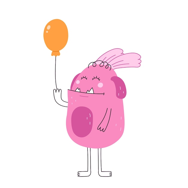 Funny and cute monster with a balloon print with smiling face doodle