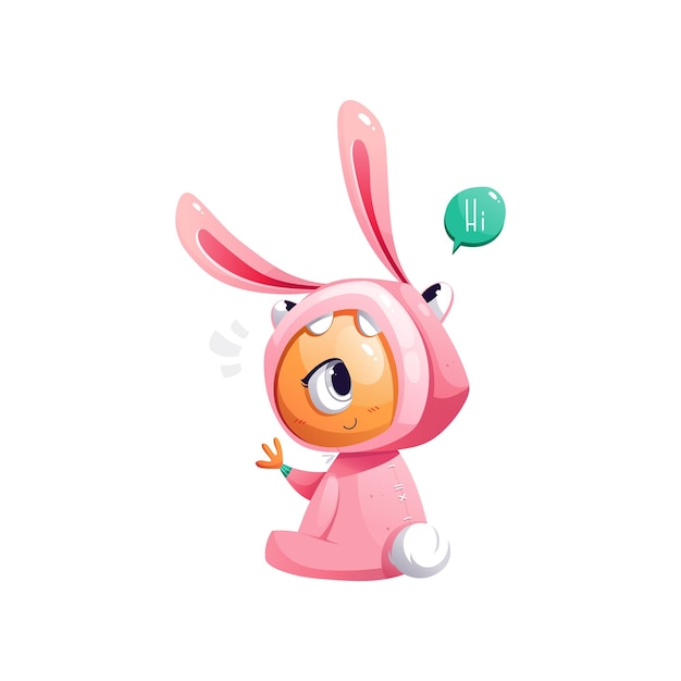 Funny cute one-eyed monster in a bunny costume says Hi - Vector Illustration