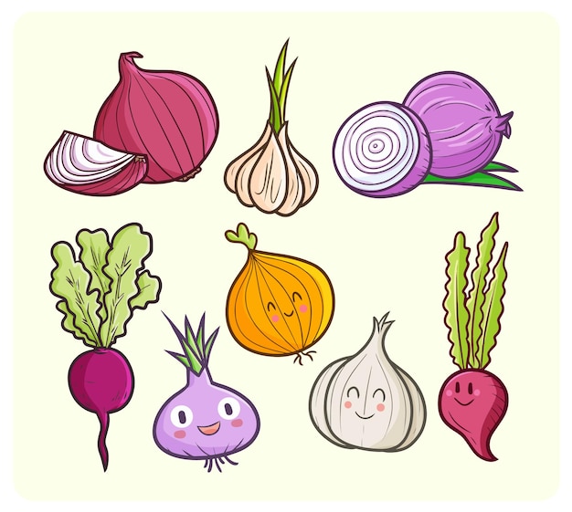 Funny and cute onions in kawaii doodle style