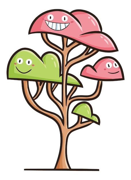 Funny and cute pink green tree cartoon character