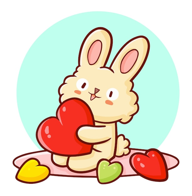 Funny and cute rabbit holding a heart shape in kawaii doodle style