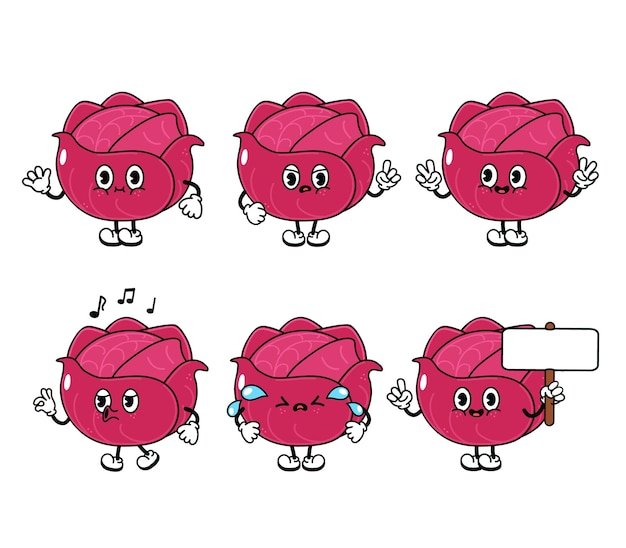 Vector funny cute red cabbage characters bundle set