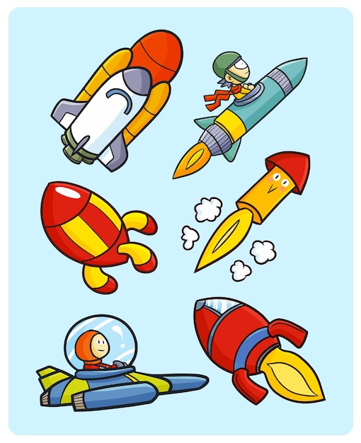 Funny and cute rockets collection in simple doodle style