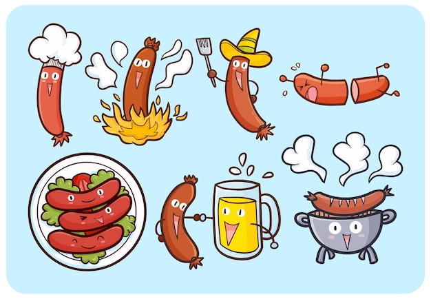 Funny and cute sausages with face in kawaii doodle style