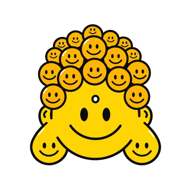 Divertente simpatico sorriso faccia di buddha per l'arte della stampa di t-shirt. linea di vettore doodle fumetto illustrazione grafica logo design. isolato su sfondo bianco. stampa del volto di buddha sorridente per poster, t-shirt concept