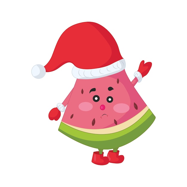 Vector funny and cute standing watermelon wearing santa's hat vector isolated on white background.