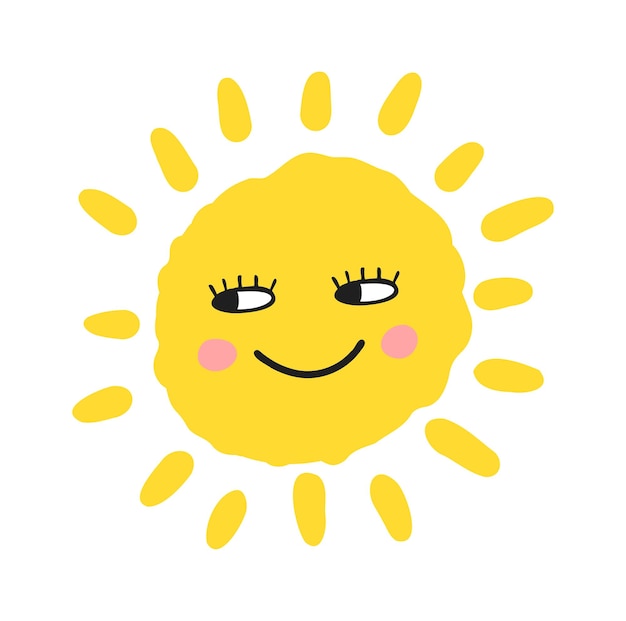 Забавное милое солнце, счастливая улыбка, солнечный вектор, нарисованный вручную, каракули, солнечная икона
