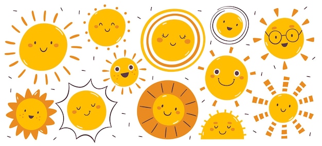 面白い可愛い太陽 笑顔のコミック 絵画 手描き 子どものポジティブなエモティコン スティッカー 孤立したセット