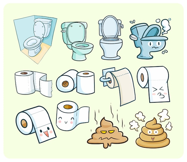 Illustrazione divertente e carina del tema della stanza di toliet in stile doodle kawaii