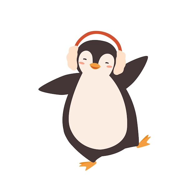 Funny dancing cartoon penguin in earmuffs vector flat illustration. Adorable happy polar animal moving in warm accessory isolated on white background. Cute wild arctic character.