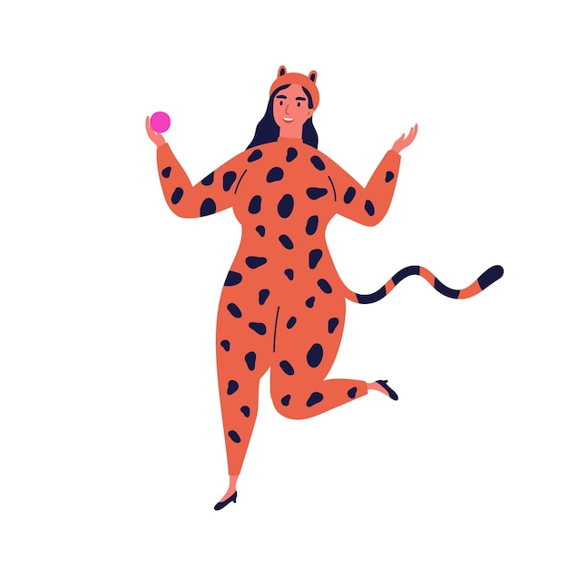 Funny dancing female character in halloween animal jumpsuit. Cat woman wearing carnival leopard costume at fancy dress party. Flat vector cartoon illustration isolated on white background.