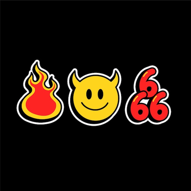 재미있는 악마 미소 얼굴, 지옥 불, 666 숫자 티셔츠 인쇄. 벡터 만화 캐릭터 그림 아이콘 디자인. 악마 뿔 미소 얼굴, 사탄, 악마, 불, 티셔츠, 의류, 포스터 개념에 대한 지옥 인쇄