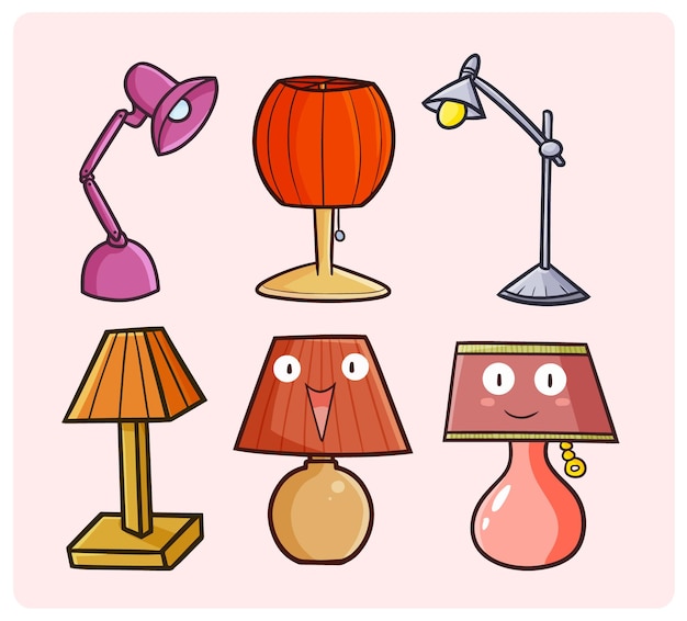 Vector funny desk lamp collection in simple doodle style