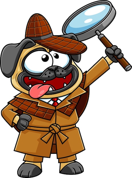 大きな虫眼鏡を保持している面白い探偵パグ犬の漫画のキャラクター