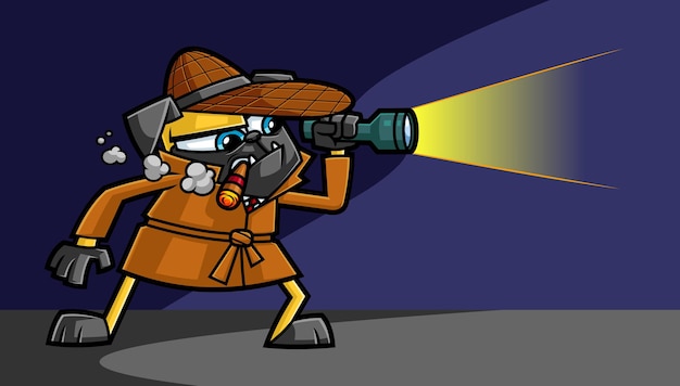 Смешной детектив мопс мультипликационный персонаж курит сигару и держит фонарик и светит