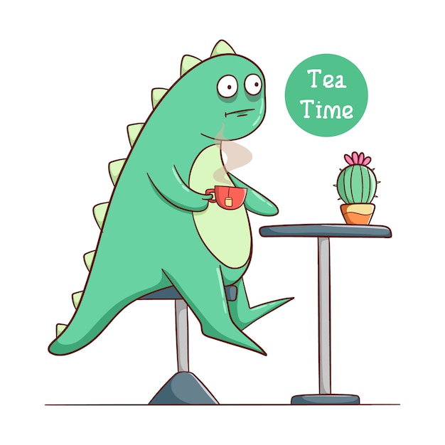 Vector funny dinosaur drink a glass of tea and sit on the chair with cactus plant