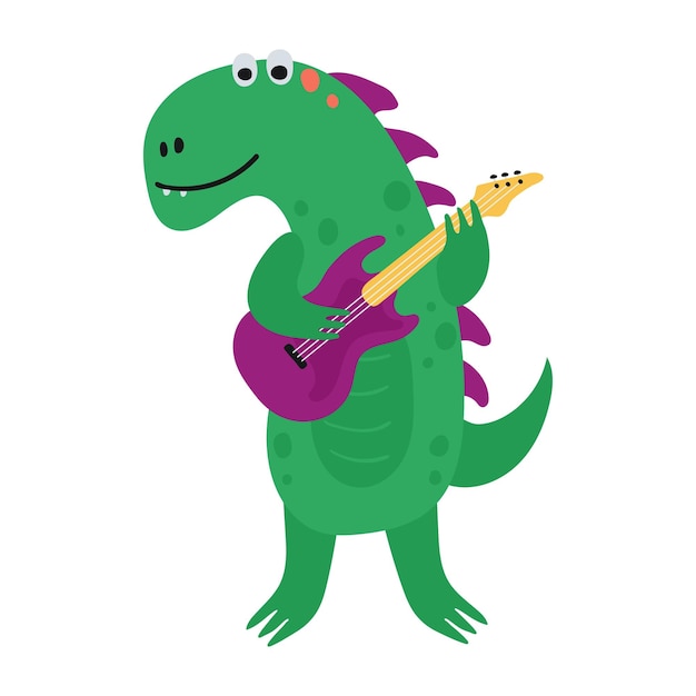 Funny dinosaur play the guitar in cartoon style isolated on a white background Bright cute animal characters for kids Vector illustration