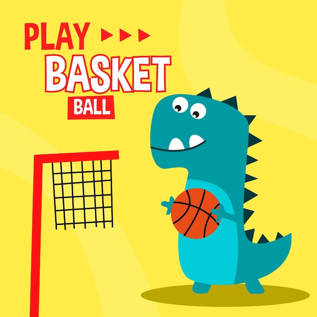 Funny dinosaur playing basketball animal cartoon design illustration