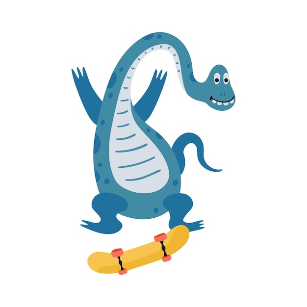 Funny dinosaur skateboarding in cartoon style isolated on a white background Bright cute animal characters for kids Vector illustration