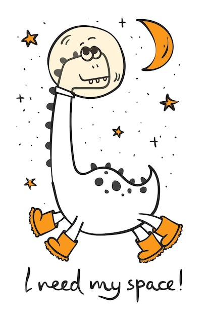 Funny dinosaur in space cute dinosaur cosmonaut dinosaur in outer space vector handdrawn color children's illustration baby print good for posters textiles t shirts