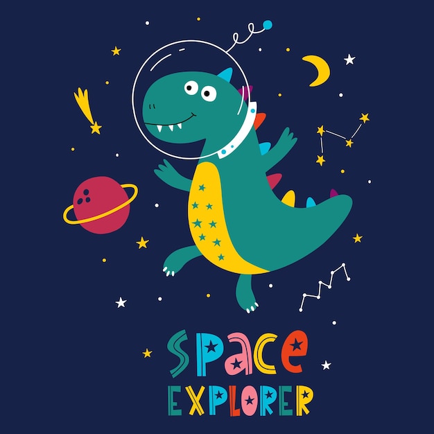 Premium Vector | Funny dinosaur in space cute dinosaur cosmonaut ...