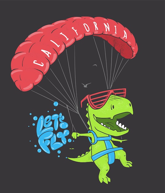 Funny dinosaur with paragliding. vector shirt print design.